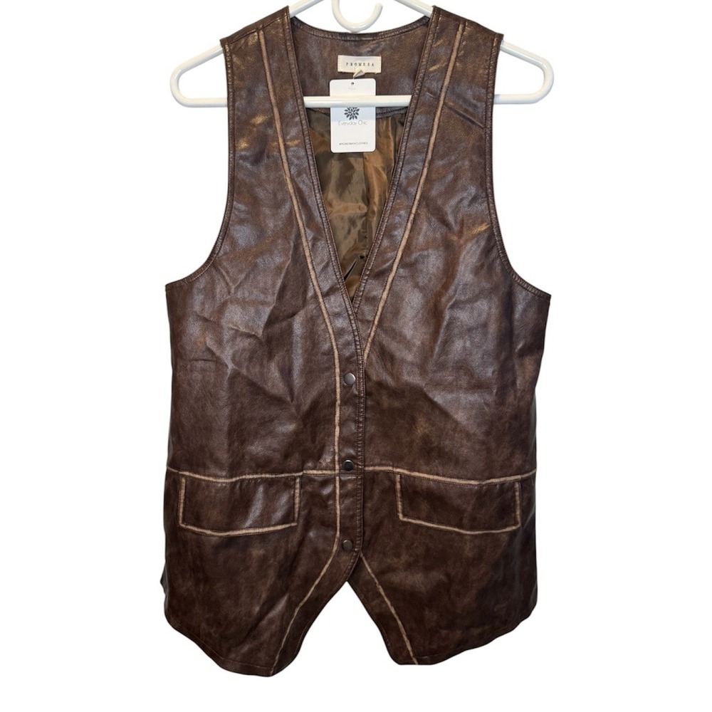 Promesa Stone Ridge Faux Leather Vest Espresso Brown Medium NEW Boho Western